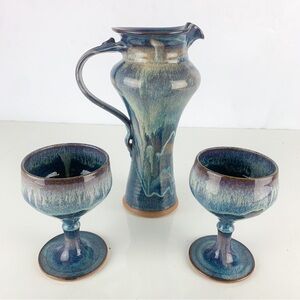 Vintage Pottery Pitcher & Goblets Cups Handmade Studio Stoneware Drippy Glaze